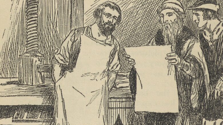 An illustration of three men standing in front of a printing press, accompanying an article about